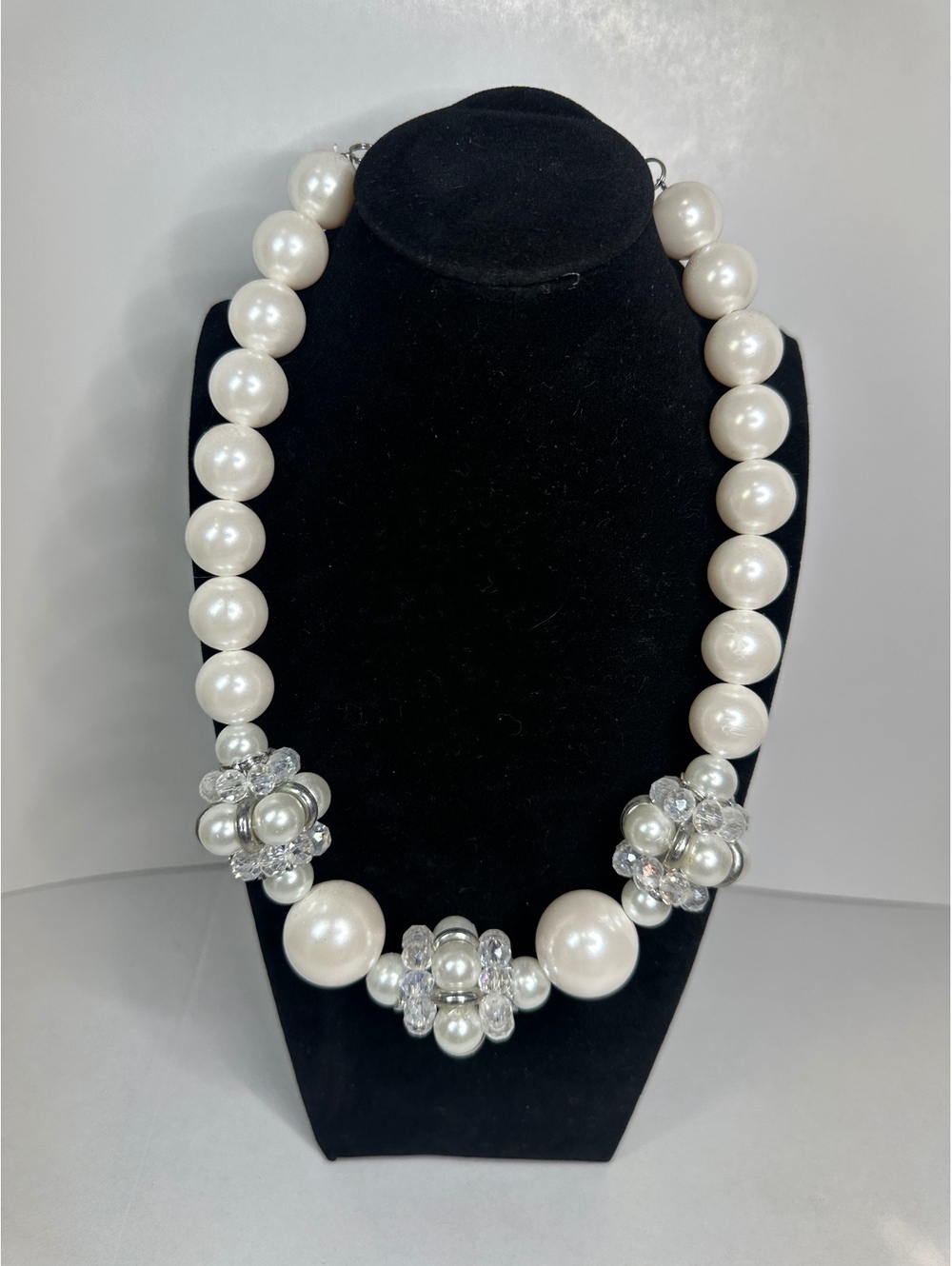 Chunky Faux Pearl Glass Crystal Bead Statement Necklace Holiday Cocktail 21”